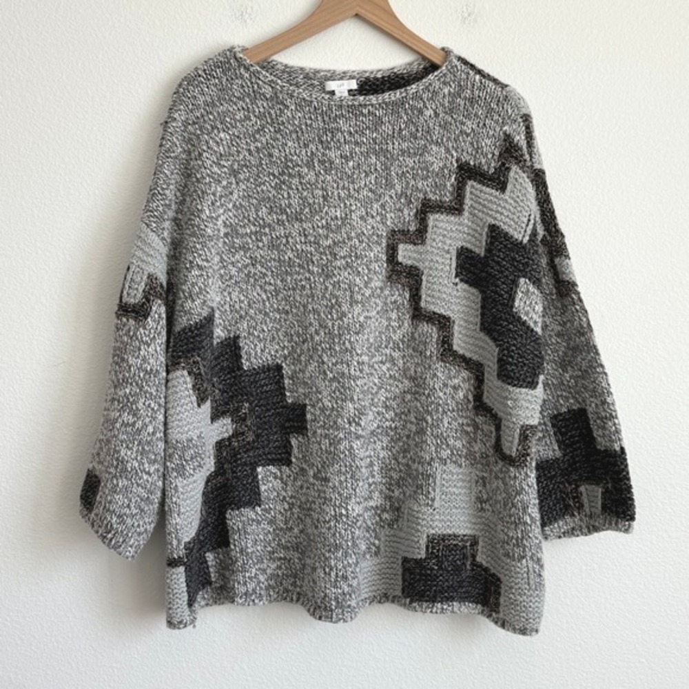 J. Jill Oversized Intarsia Geometric Chunky Knit Sweater Gray Boho Slouchy L